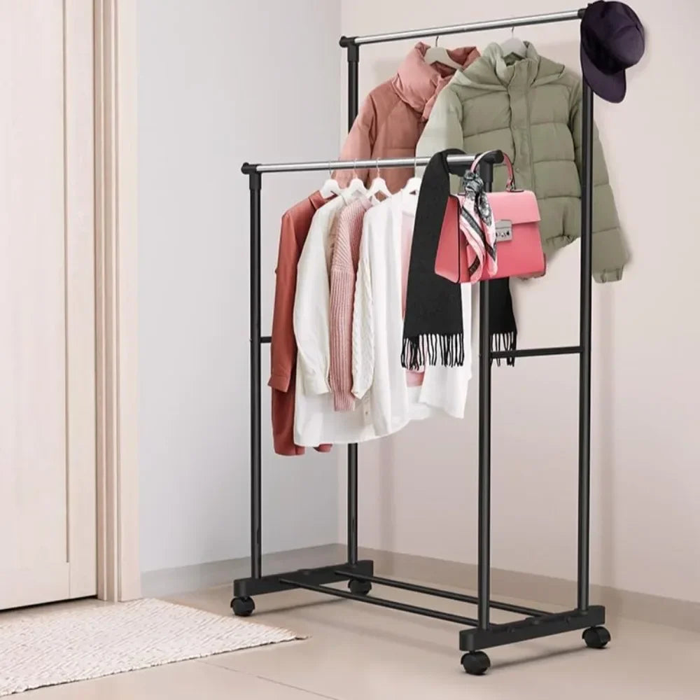 Double Rod Coat Rack Floor Standing Clothes Hanger Movable Simple Clothing Shelf Bedroom Storage Rack Assembled Closet Organizer