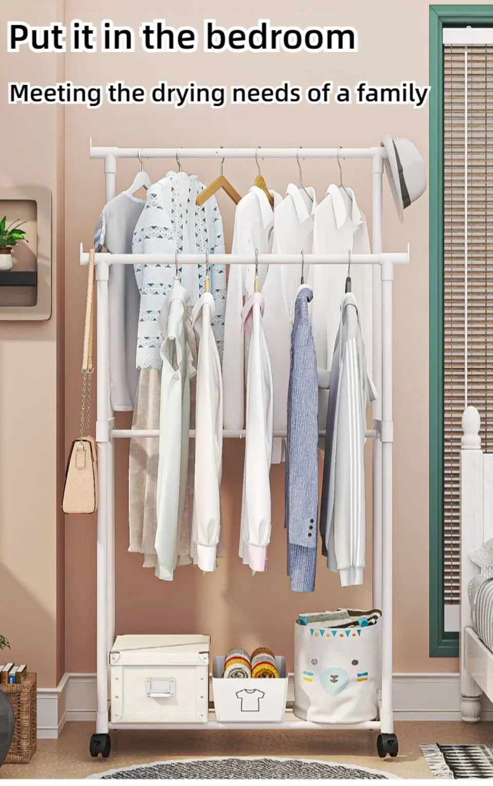 Double Rod Coat Rack Floor Standing Clothes Hanger Movable Simple Clothing Shelf Bedroom Storage Rack Assembled Closet Organizer