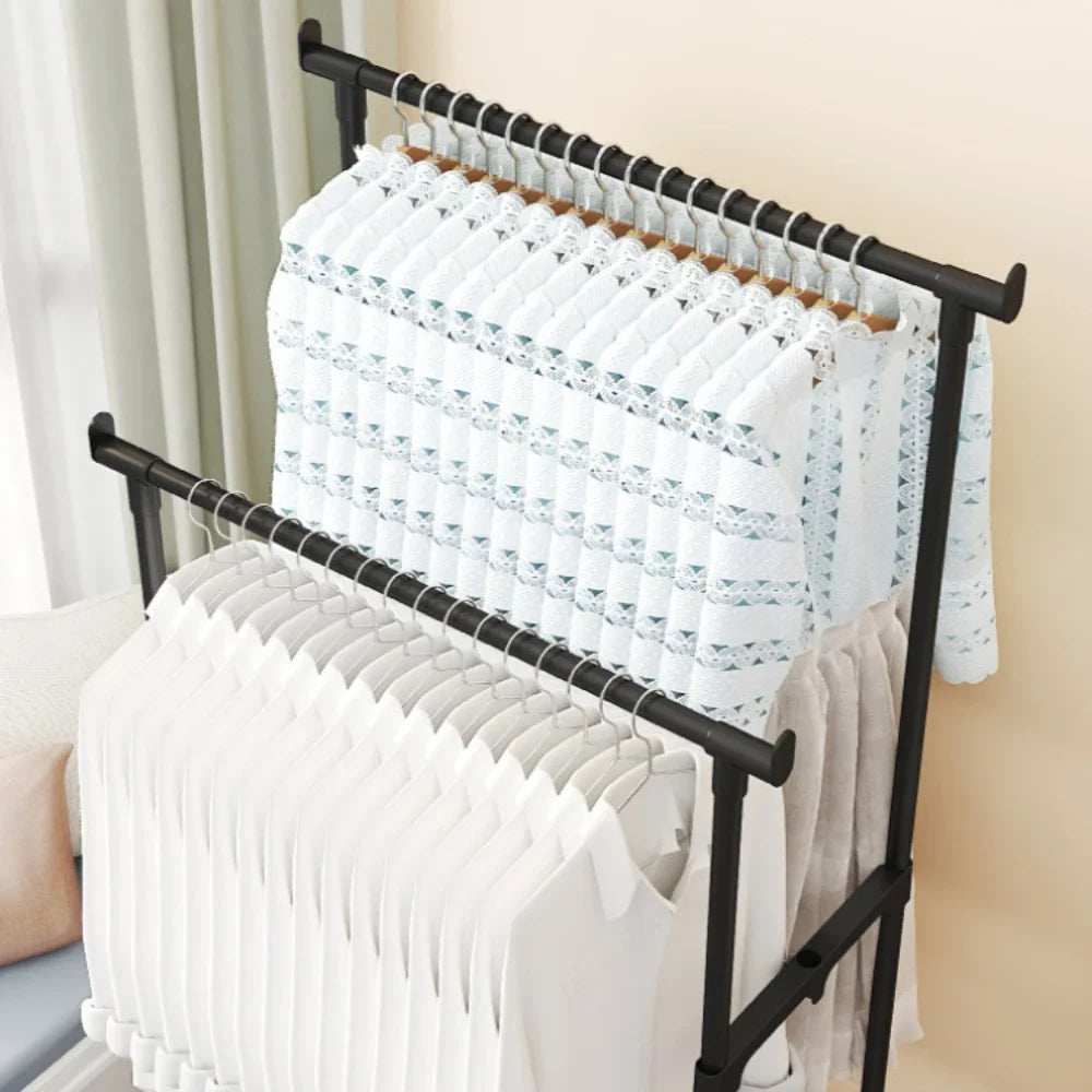 Double Rod Coat Rack Floor Standing Clothes Hanger Movable Simple Clothing Shelf Bedroom Storage Rack Assembled Closet Organizer