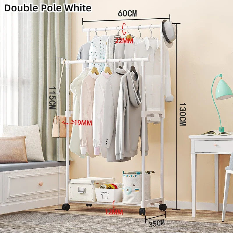 Double Rod Coat Rack Floor Standing Clothes Hanger Movable Simple Clothing Shelf Bedroom Storage Rack Assembled Closet Organizer