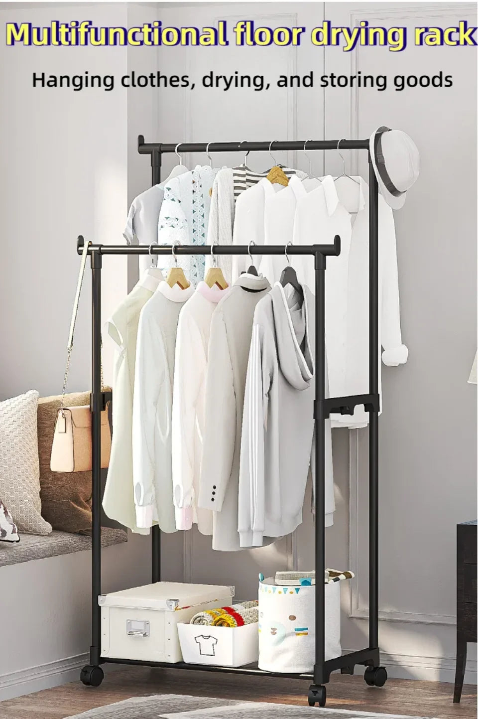 Double Rod Coat Rack Floor Standing Clothes Hanger Movable Simple Clothing Shelf Bedroom Storage Rack Assembled Closet Organizer