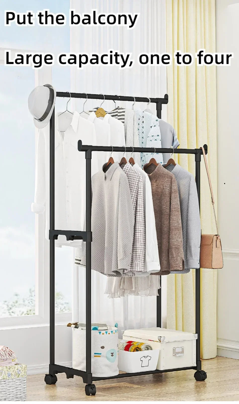 Double Rod Coat Rack Floor Standing Clothes Hanger Movable Simple Clothing Shelf Bedroom Storage Rack Assembled Closet Organizer