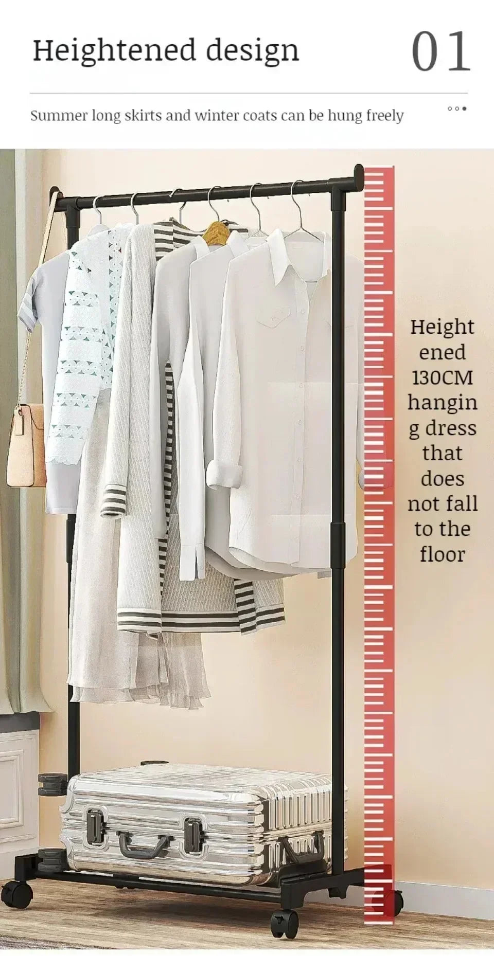 Double Rod Coat Rack Floor Standing Clothes Hanger Movable Simple Clothing Shelf Bedroom Storage Rack Assembled Closet Organizer