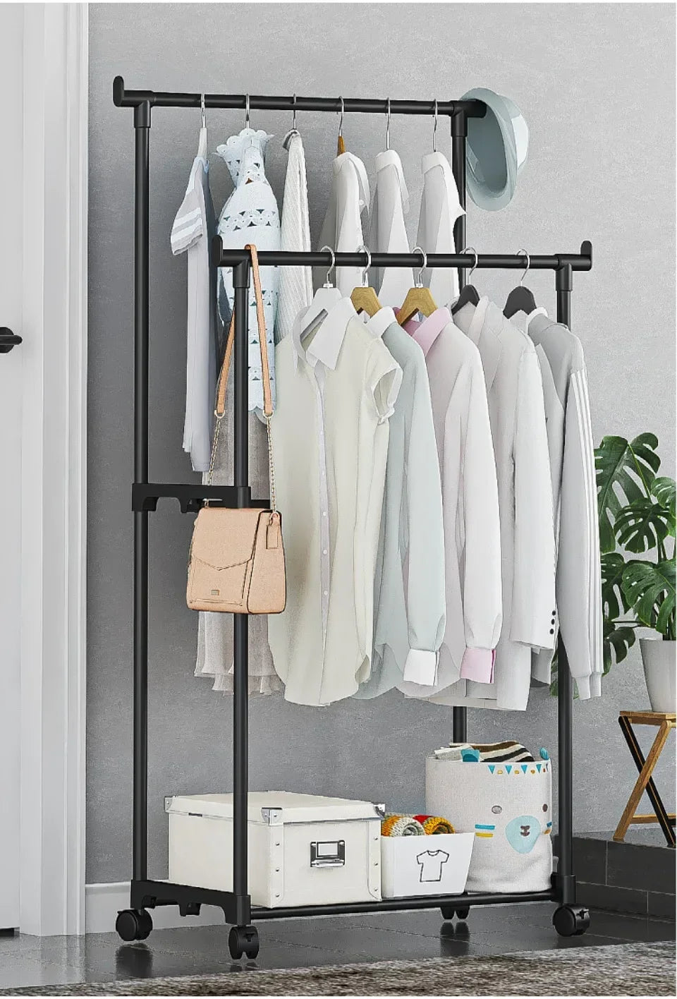 Double Rod Coat Rack Floor Standing Clothes Hanger Movable Simple Clothing Shelf Bedroom Storage Rack Assembled Closet Organizer