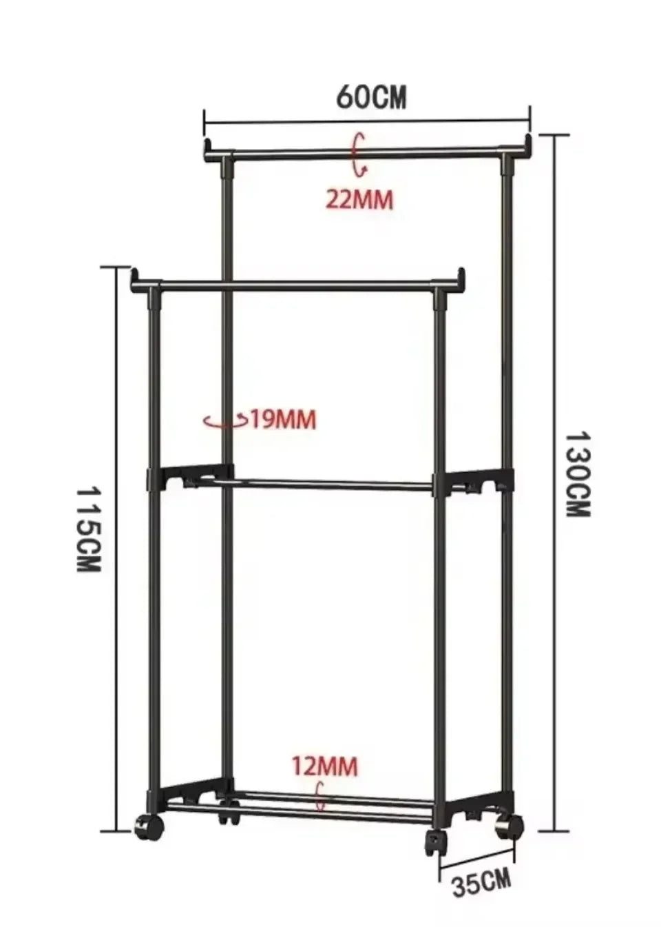 Double Rod Coat Rack Floor Standing Clothes Hanger Movable Simple Clothing Shelf Bedroom Storage Rack Assembled Closet Organizer