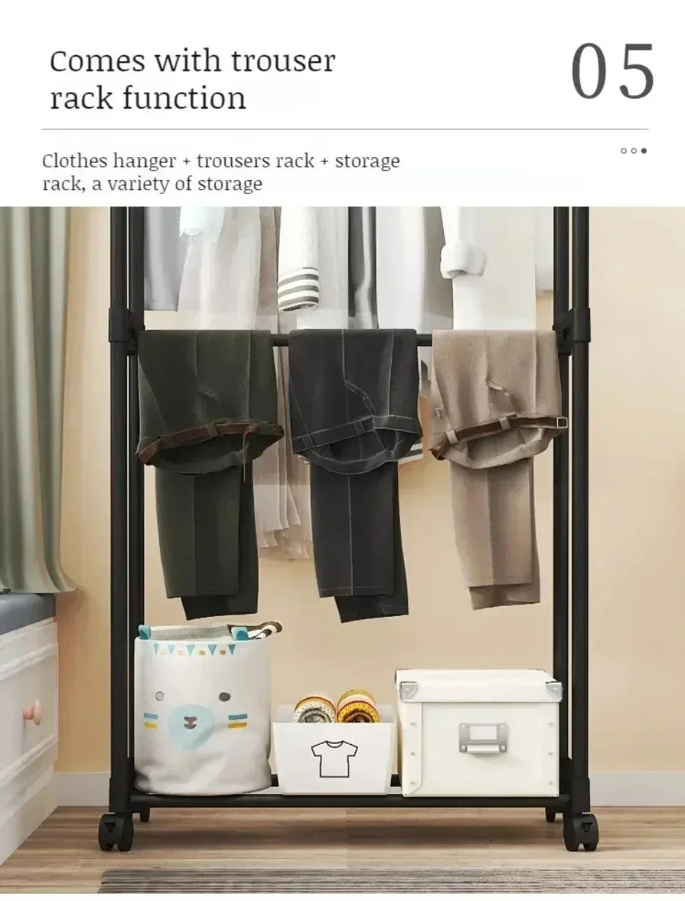 Double Rod Coat Rack Floor Standing Clothes Hanger Movable Simple Clothing Shelf Bedroom Storage Rack Assembled Closet Organizer