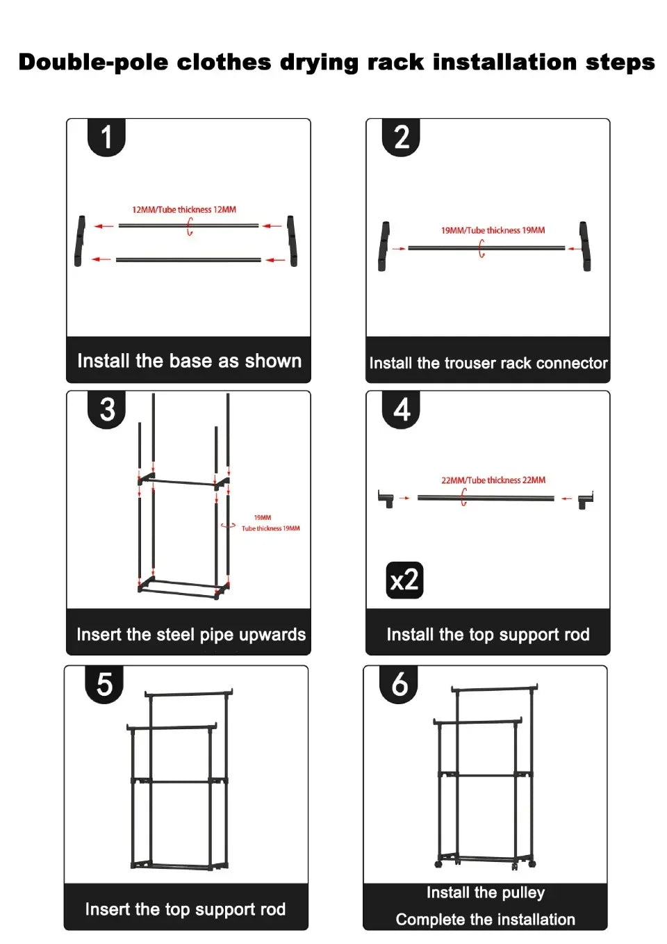 Double Rod Coat Rack Floor Standing Clothes Hanger Movable Simple Clothing Shelf Bedroom Storage Rack Assembled Closet Organizer