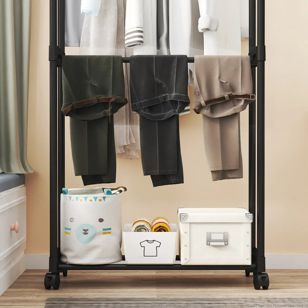 Double Rod Coat Rack Floor Standing Clothes Hanger Movable Simple Clothing Shelf Bedroom Storage Rack Assembled Closet Organizer
