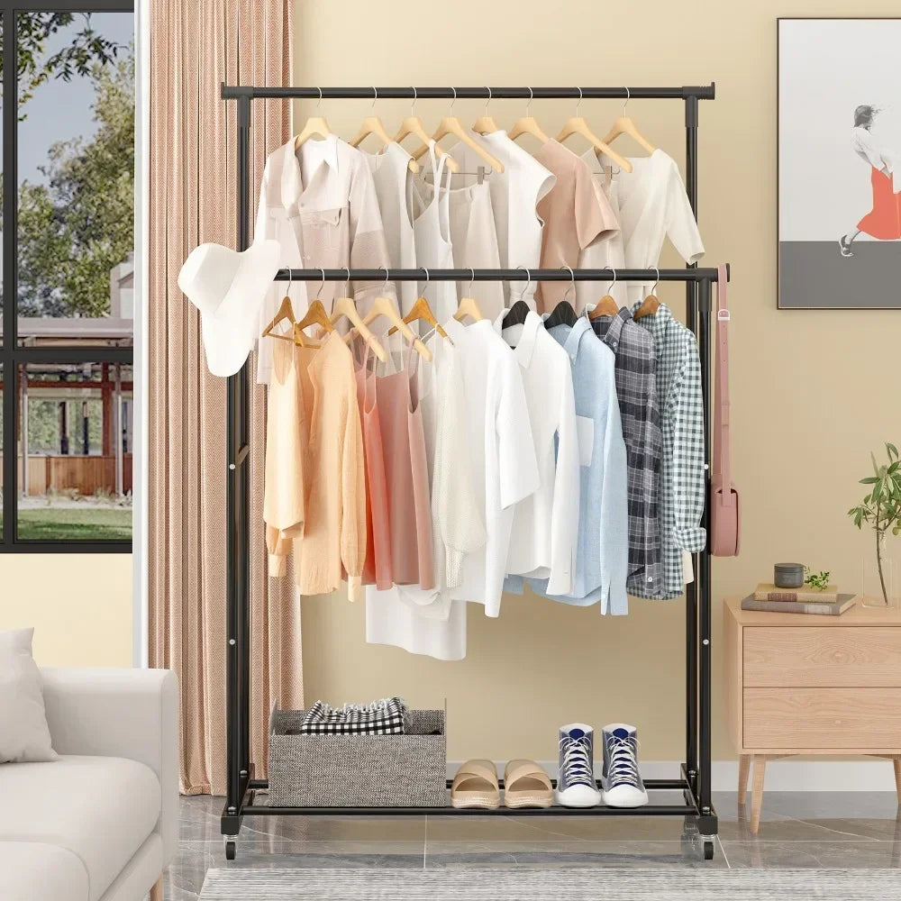 Double Rod Coat Rack Floor Standing Clothes Hanger Movable Simple Clothing Shelf Bedroom Storage Rack Assembled Closet Organizer