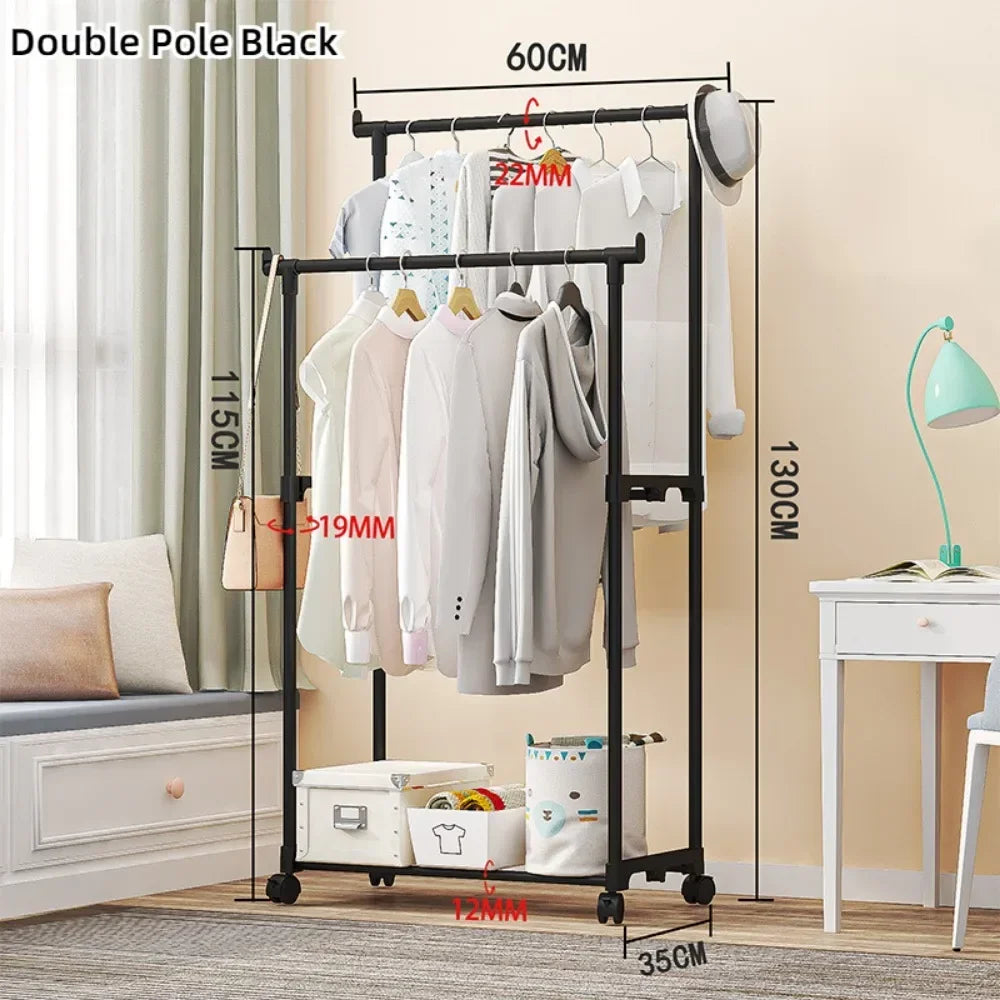 Double Rod Coat Rack Floor Standing Clothes Hanger Movable Simple Clothing Shelf Bedroom Storage Rack Assembled Closet Organizer