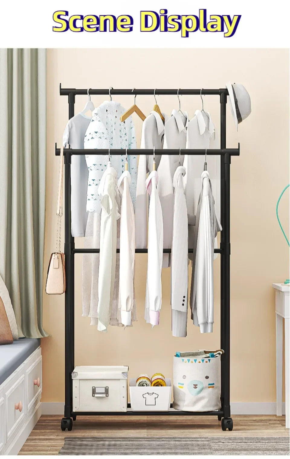 Double Rod Coat Rack Floor Standing Clothes Hanger Movable Simple Clothing Shelf Bedroom Storage Rack Assembled Closet Organizer